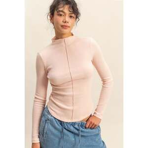 Blush Pink Y2K Ribbed Raw Stitch Long Sleeve Mock Neck Rayon Blend Top